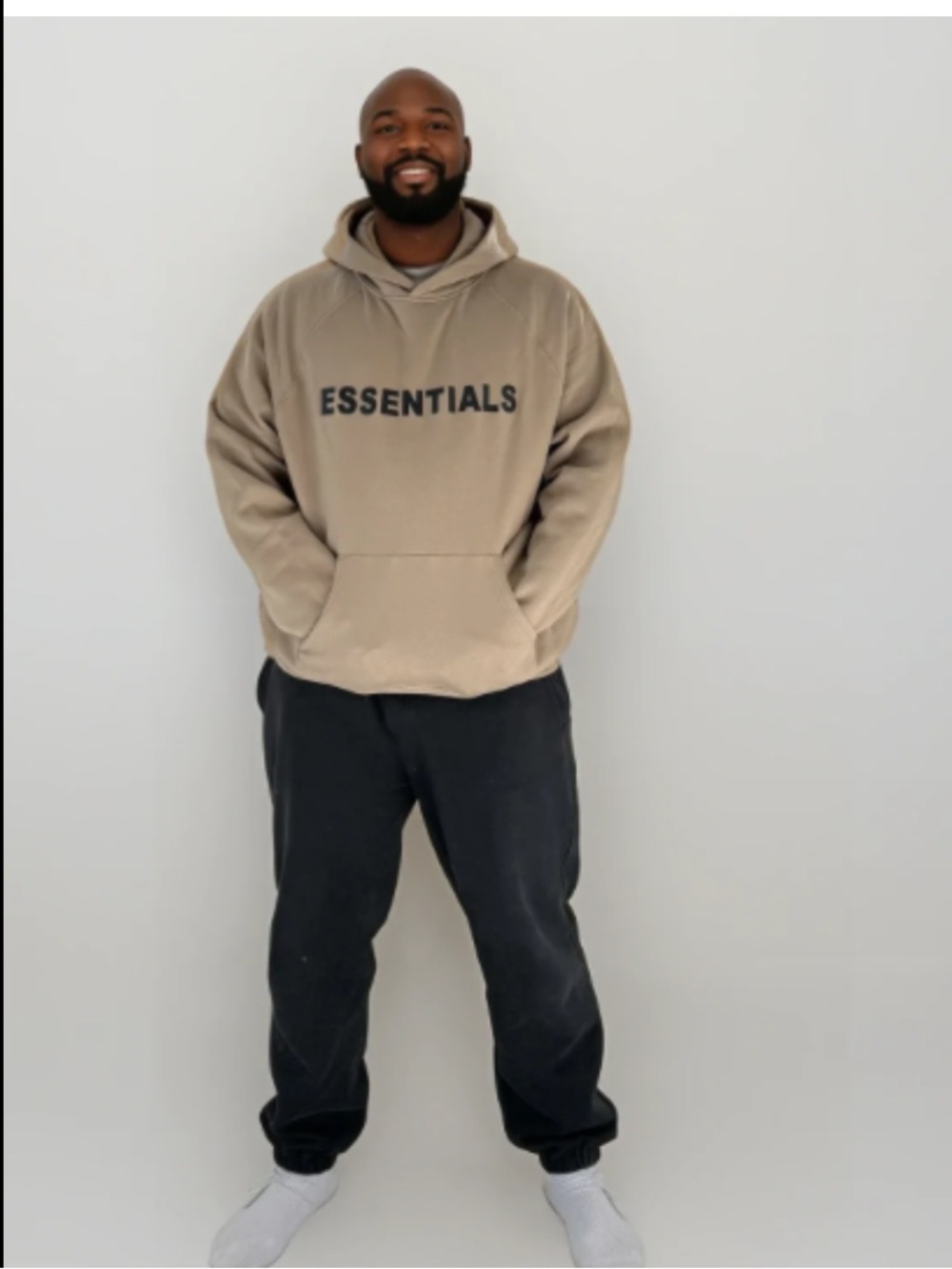 Essentials Tan Hoodie with Black ESSENTIALS Text